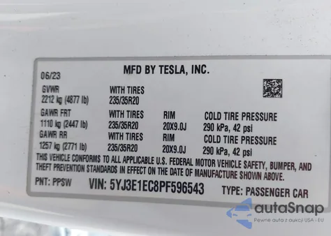 2023 Tesla Model 3 Performance Dual Motor All-Wheel Drive z USA, uszkodzony, nr VIN 5YJ3E1EC8PF596543